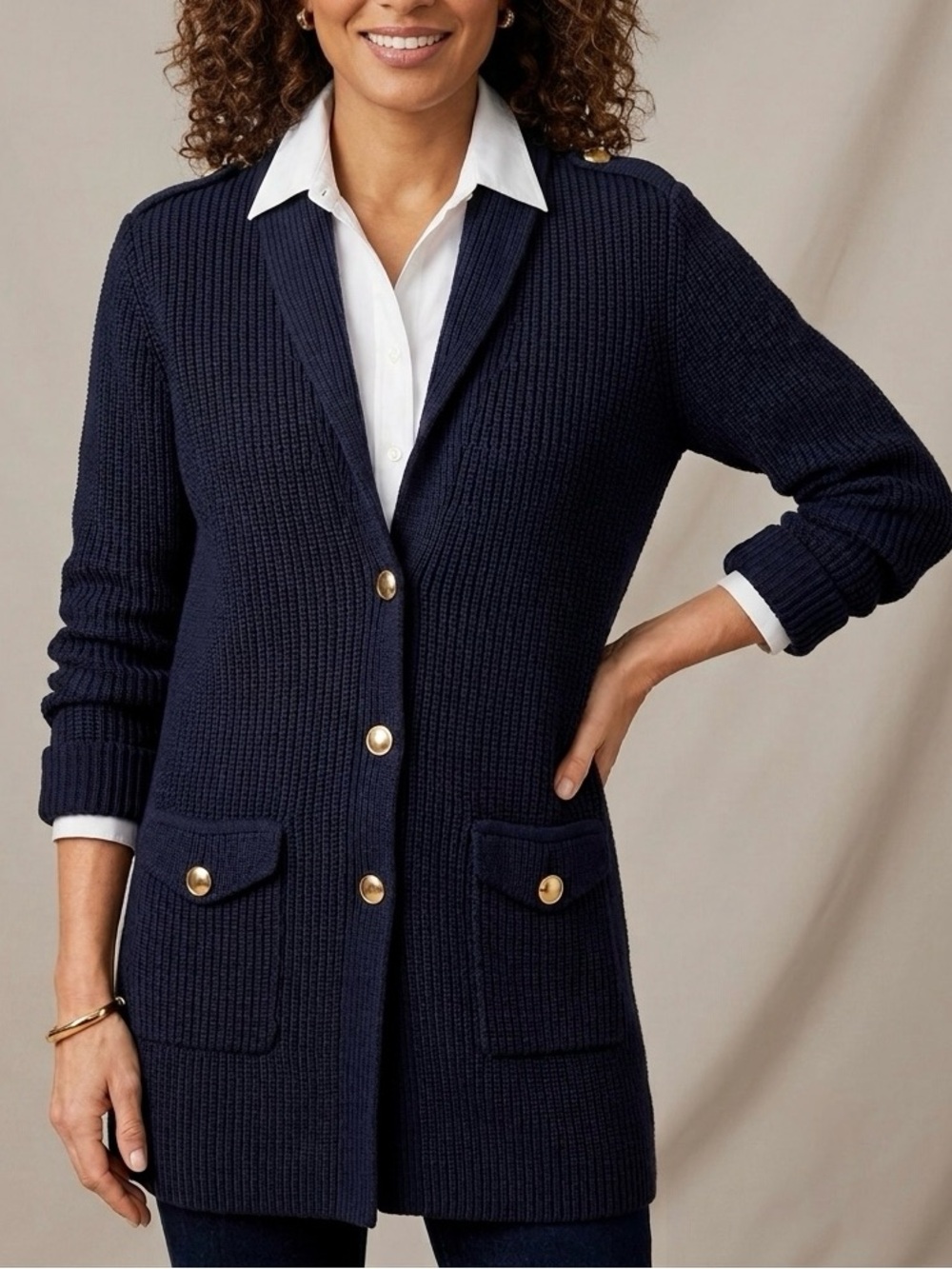 Talbots Navy Blue Ribbed Knit Gold Button Longline Cardigan Sweater Blazer XLP